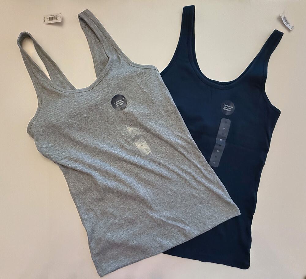 Gap Body Women’s Ribbed Tank Tops M NWT 2-Pack Gray Navy Built-In Shelf Bra